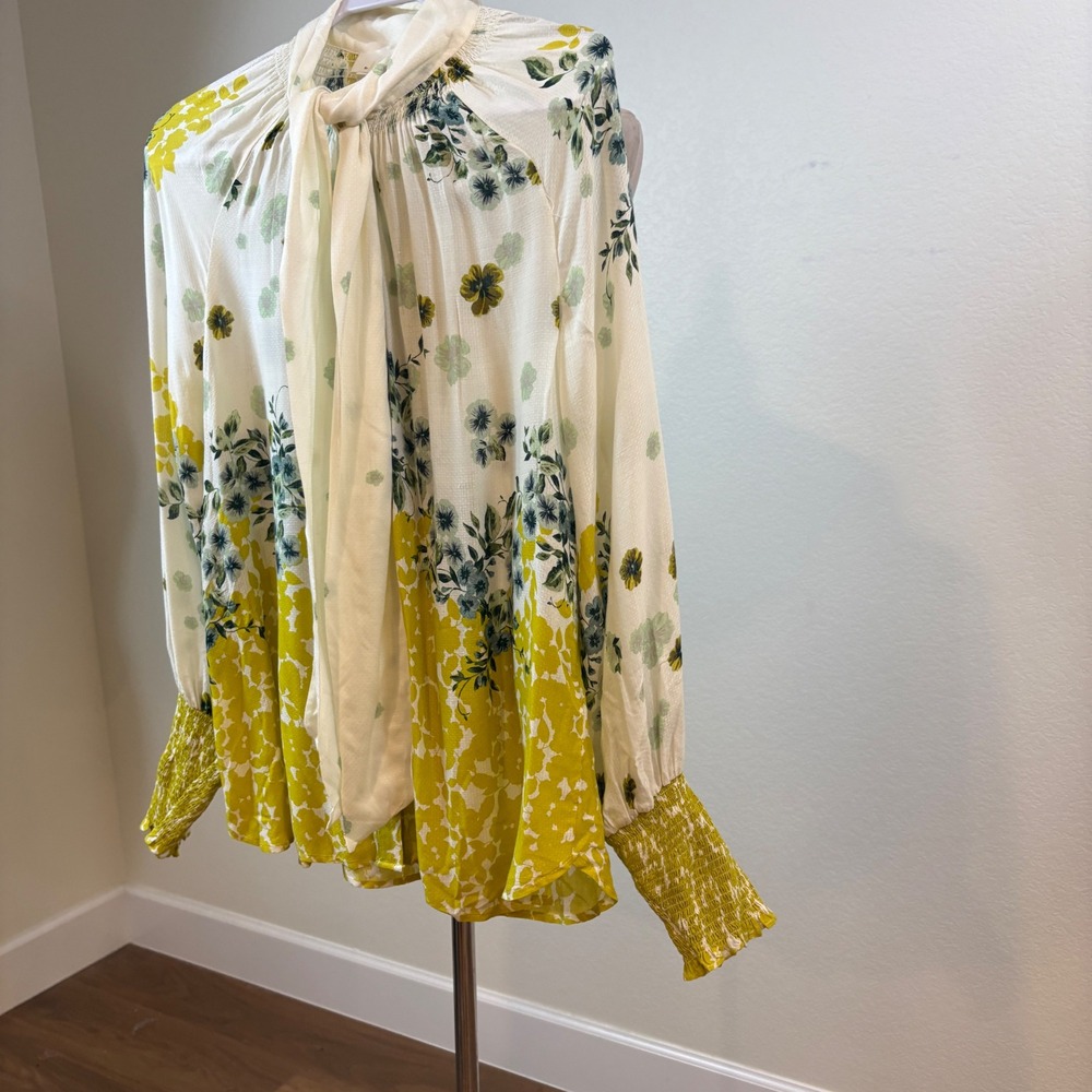 Anthropologie Blouse Womens L Yellow Tie Neck Floral Smocked Cuffs Boho Whimsy - Picture 3 of 8